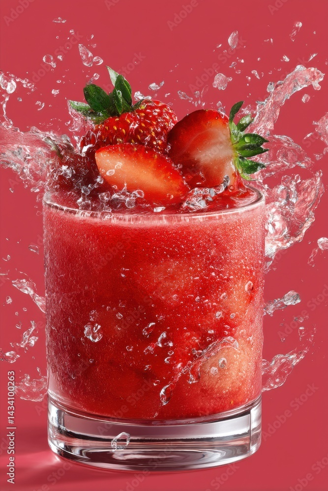 Poster refreshing strawberry smoothie with splash of water on red background captures summer freshness and 