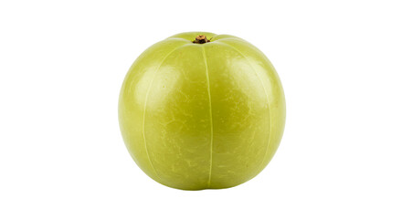 Close up studio shot of a single round light green amla fruit on a black background plain and isolated
