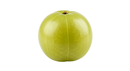 Close up studio shot of a single round light green amla fruit on a black background plain and isolated
