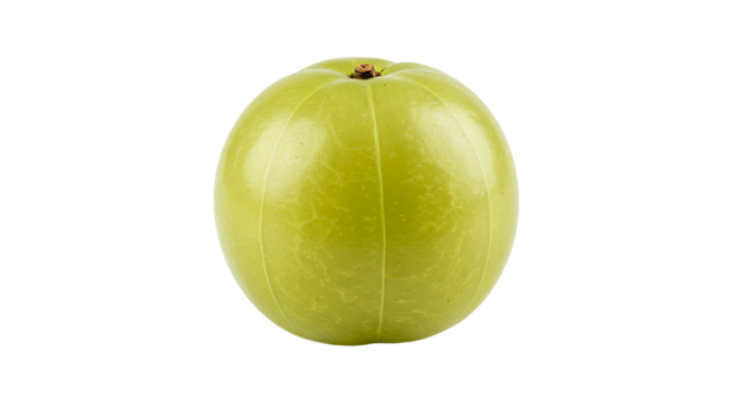 Close up studio shot of a single round light green amla fruit on a black background plain and isolated