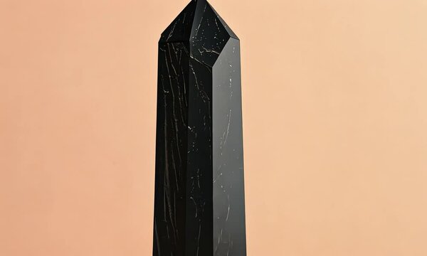 Dark obsidian-like obelisk on light peach background.