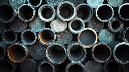 Stacked metal pipes with varying textures and colors.