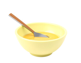A bowl of delicious yellow soup with a spoon.