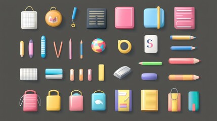 Fototapeta premium Colorful collection of diverse stationery items, displayed in a flat design.