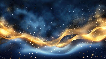 Abstract gold wave glowing in dark blue nebula.