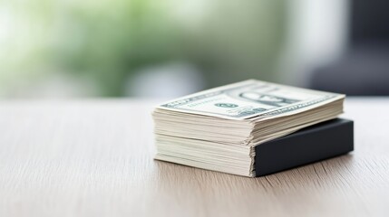 A stack of U.S. dollar bills neatly arranged on a wooden table, black box in the background, bright and clean indoor setting, and financial concept.