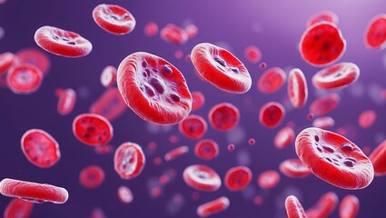 Fototapeta premium Vibrant red blood cells in motion on purple background