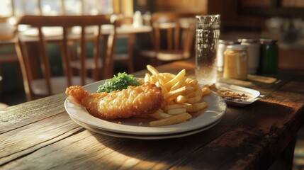 Crispy fish and chips served on a rustic wooden table in a pub setting.