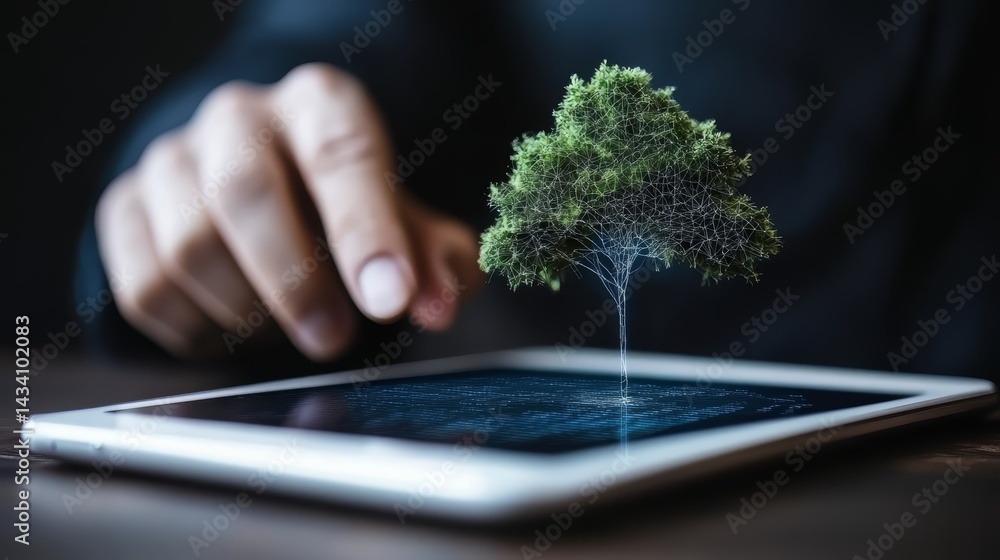 Poster person is pointing at a tree on a tablet. concept of wonder and appreciation for nature