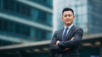 Confident asian businessman with crossed arms against modern business district 