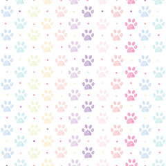 Pastel colored pattern with doodle paw prints. Seamless fabric design pattern