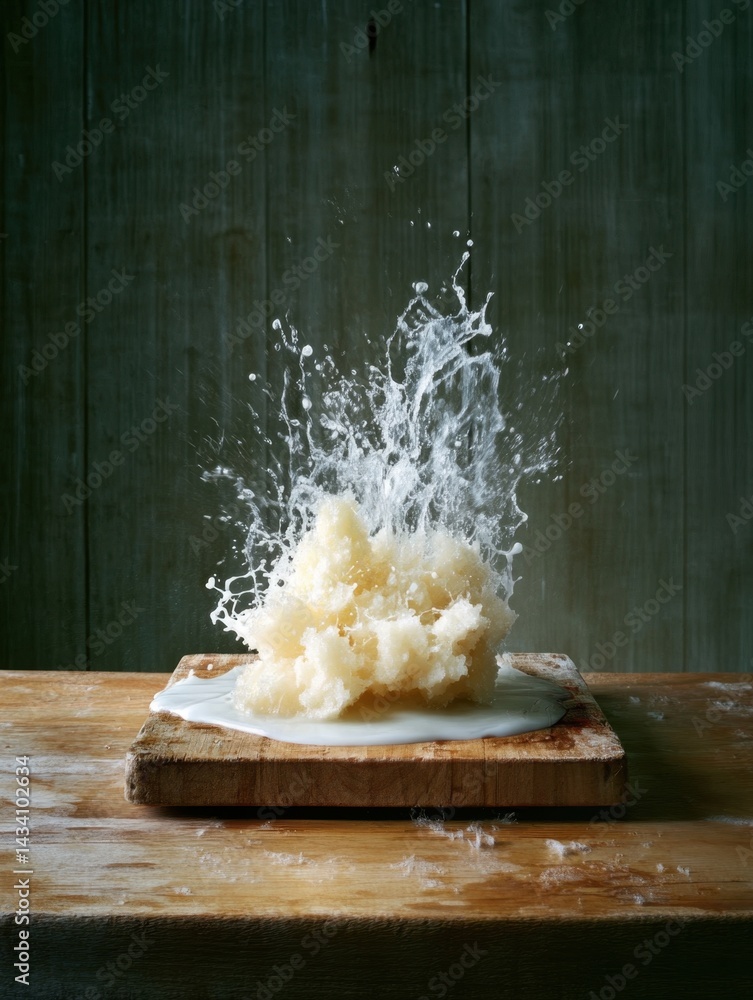 Poster dynamic food photography showcasing a splash of white liquid on a wooden board against a rustic back