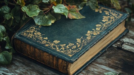 Antique book with gold detailing on wooden surface, ivy leaves.