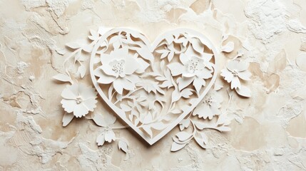 Intricate papercut heart with floral design on beige background.