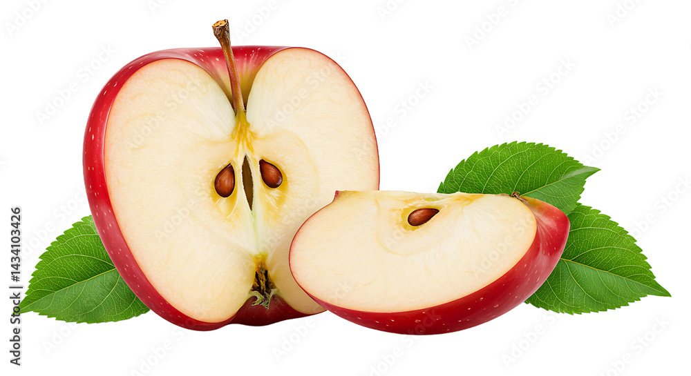 Poster a sliced red apple with seeds and leaves on a black background in a studio shot close up view