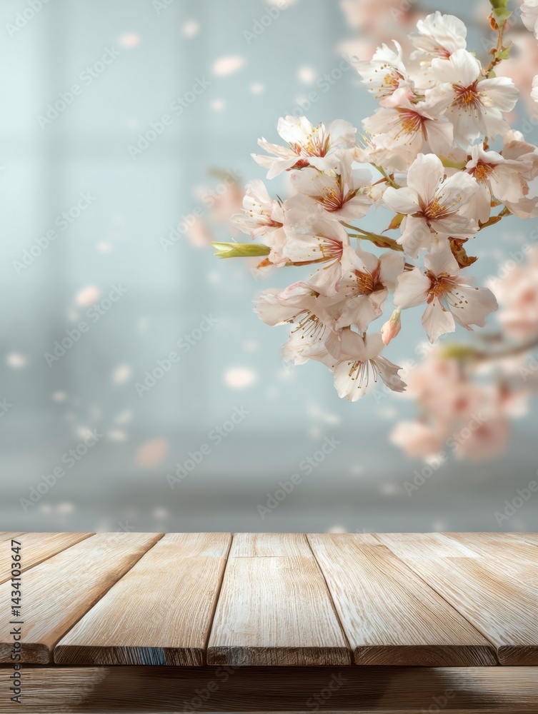 Poster serene spring scene featuring delicate cherry blossoms cascading over a rustic wooden table creating