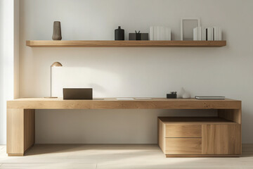 A minimalist home office with a wooden desk, built-in storage, and open shelves, offering a sleek and organized space for focused work and productivity