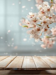 Serene spring scene featuring delicate cherry blossoms cascading over a rustic wooden table creating a peaceful and inviting atmosphere perfect for product showcase