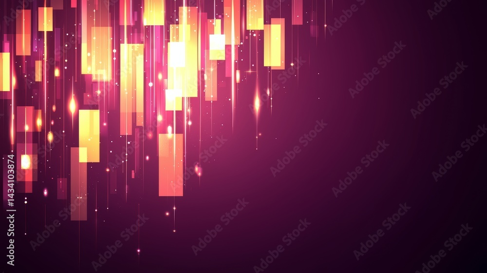 Poster purple background with a lot of yellow squares and triangles. the squares and triangles are all diff
