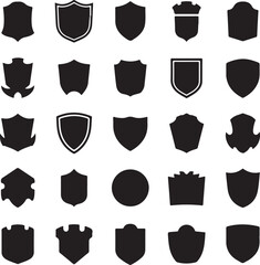 A set of black shield silhouettes arranged in a clean, evenly spaced grid on a white background.