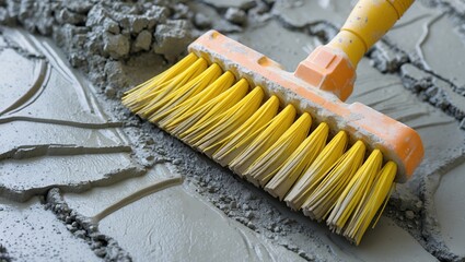 Vibrant yellow brush against wet concrete surface