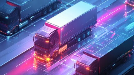 Obraz premium Futuristic digital trucking fleet on highway.