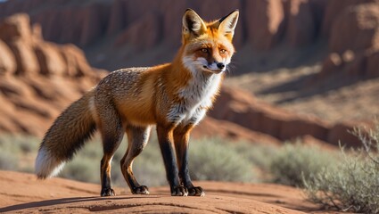 Fototapeta premium Vigilant red fox in sunlit desert landscape