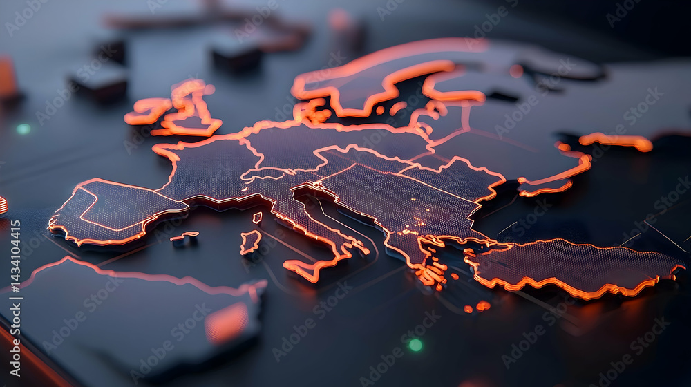 Poster glowing digital map of europe with data lines
