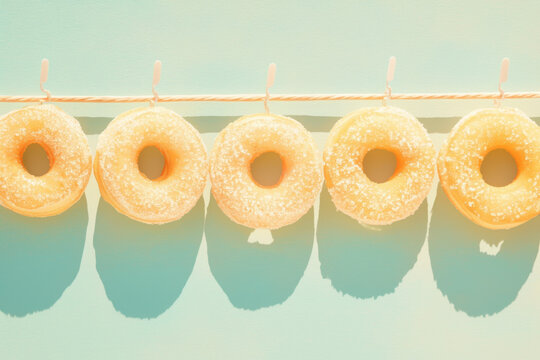 Stack of colorful donuts on a white plate, with sprinkles on top, against a pink background with a blurred coffee cup beside them.