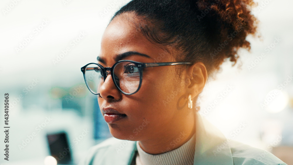 Poster Black woman, programmer and software developer with glasses for new app or development at office. Female person, coder or AI designer with vision for problem solving or troubleshooting at computer