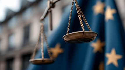 Golden Scales of Justice Against European Union Flag