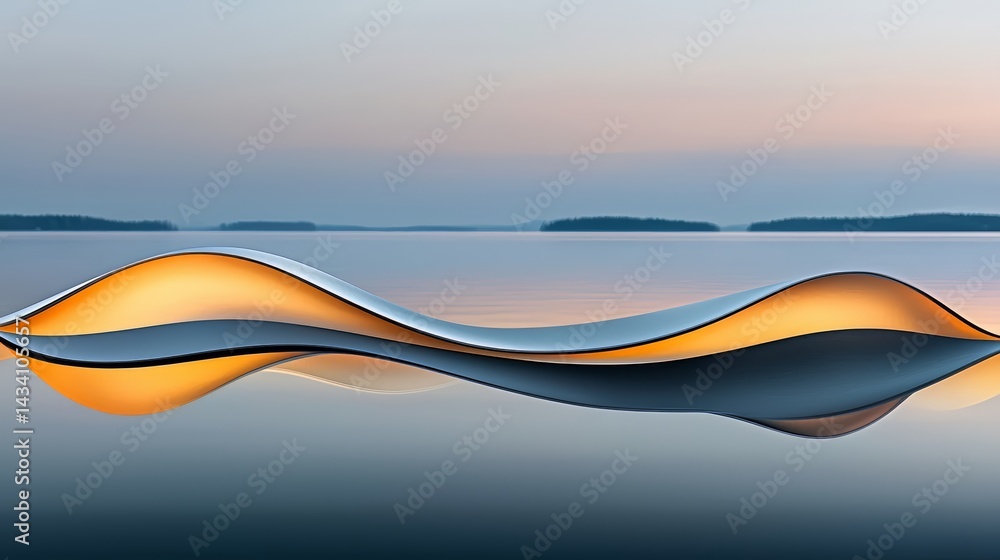 Poster reflection of a wave in the water. the reflection is orange and blue. the water is calm and the sky 