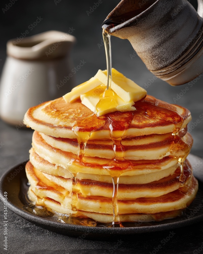 Poster stack of golden pancakes with butter and maple syrup cascading down from a rustic pitcher, capturing