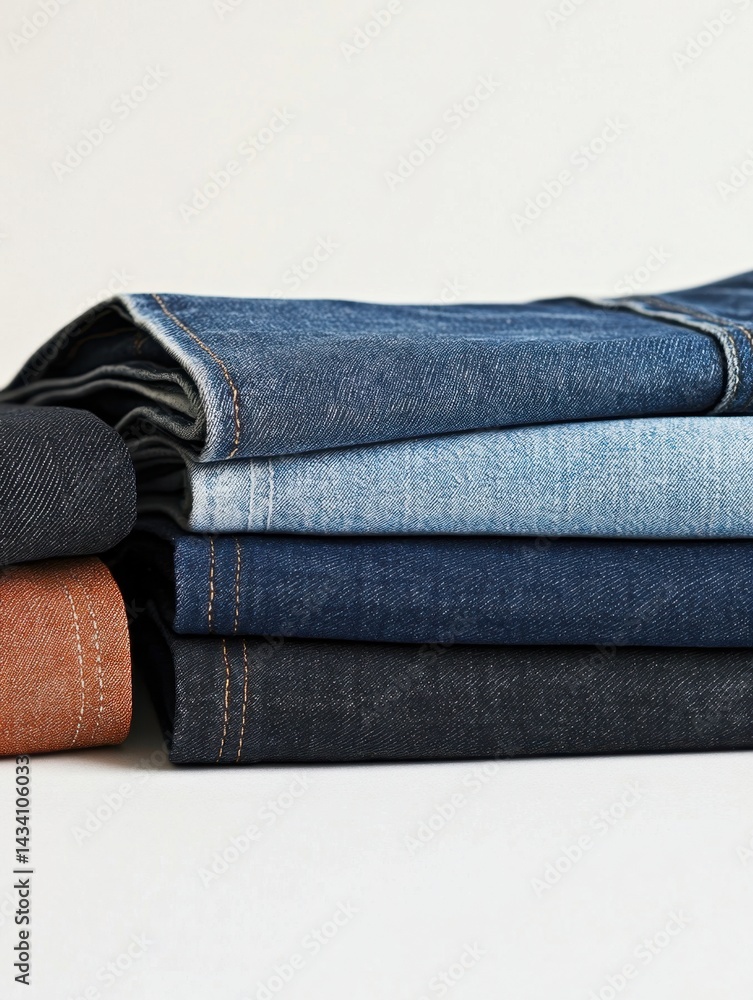 Poster stack of folded denim jeans in various washes and colors on a white background studio shot with soft