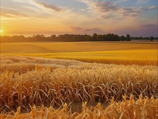 Naklejka premium field of wheat and sunset
