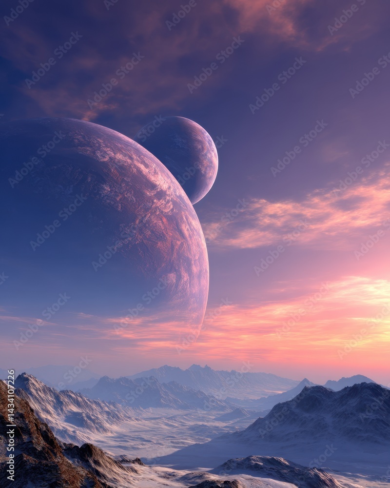 Poster majestic planets hover over a serene mountain range at twilight creating a surreal and captivating l