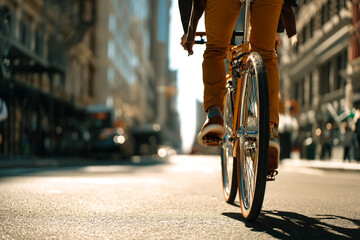Rear view of person riding bicycle on city street, sunlit asphalt, blurred background showing urban architecture