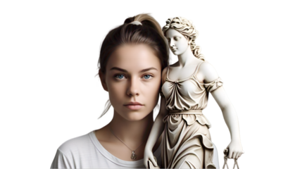 judge, woman, justice, Lady Justice, scales, law, courtroom, fairness, equality, symbol, legal, authority, professional, robe, golden statue, white background, portrait, confident, power, rule of law,