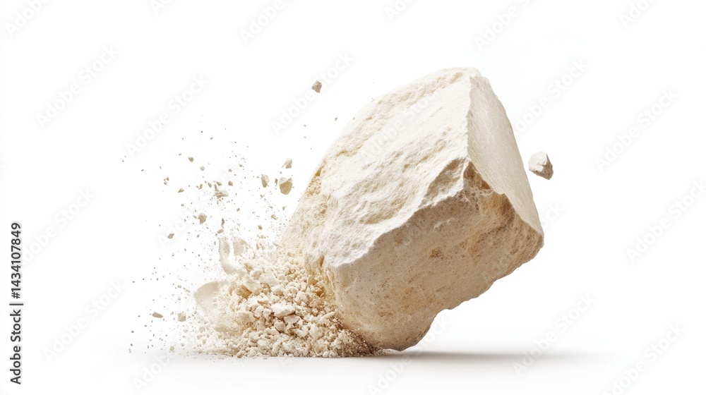 Poster fragmented stone block with crumbling particles against a clean white background showcasing texture 