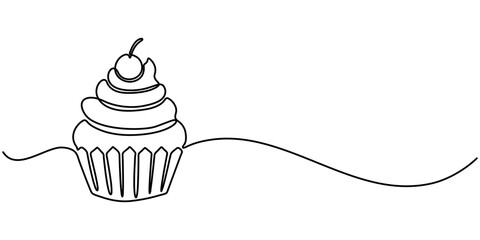 Cupcake with cream and cherries in continuous one line drawing. Minimalist dessert illustration, Continuous one line drawing of cupcake. One line drawing illustration of muffin cake. Pastry, bakery. 
