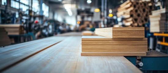 Obraz premium Wood planks in factory, background blurred. Industrial production, furniture manufacturing