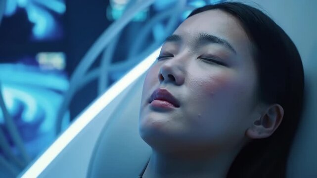 Serene Asian Woman in Futuristic Medical Pod, Cryogenic Sleep