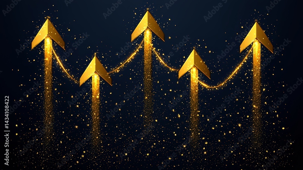 Poster series of gold colored arrows are flying through the air. concept of upward movement and progress