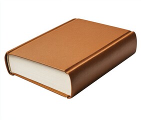 A brown leather-bound book with white pages, lying on a white background