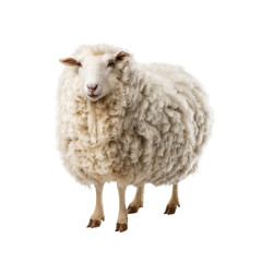 A fluffy, white sheep with a rounded body stands confidently, showcasing its thick wool coat and gentle expression.