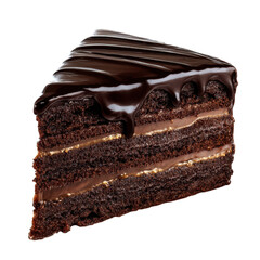 A delicious slice of rich chocolate cake with glossy ganache and multiple layers, perfect for indulgent desserts.