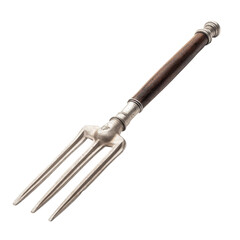 A three-pronged garden fork with a wooden handle, designed for digging, turning, and aerating soil.