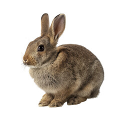A small, furry rabbit with large ears and bright eyes, sitting in a compact position, showcasing its soft fur and attentive demeanor.
