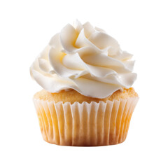 A beautifully frosted cupcake with a fluffy swirl of cream icing atop a soft, golden base.