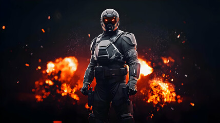 Fototapeta premium Pixelated Soldier In Black Armor With Glowing Red Eyes Standing Amidst Intense Explosions And Fire Display Against Dark Background